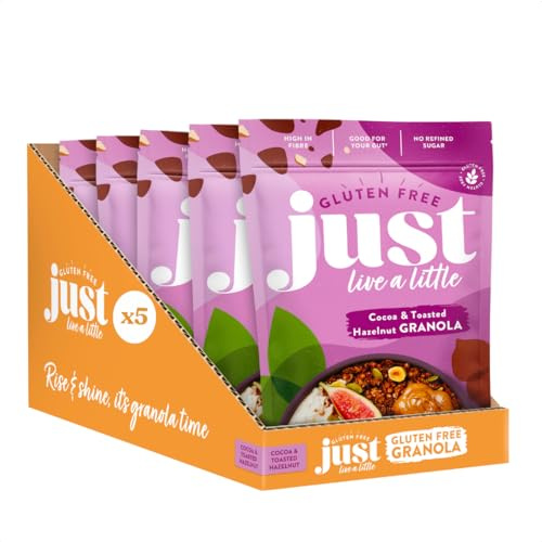 Just Live a Little Gluten Free Granola | 5 x 360g packs | Vegan | No Added Sugar (Cocoa Hazelnut Granola)