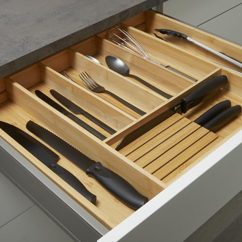 SO-BOX Bambus Besteckkasten mit Messerblock, 5 auf 7 Fächer | Ausziehbar, für Schubladenbreiten 50–60 cm.