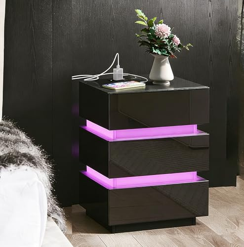Chleby Moderno Comodino Lucido Comodini con striscia luminosa a led Nero Comò Comodino con presa Tavolino con 3 cassetti per camera da letto, soggiorno