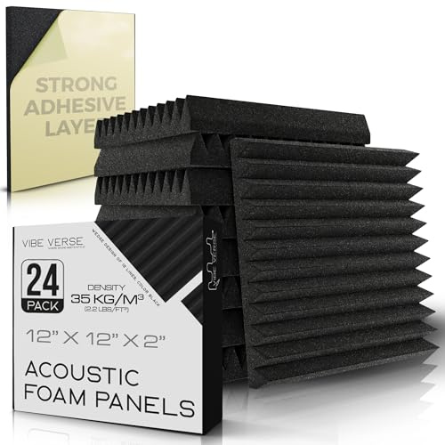 VibeVerse - 24 pack Self Adhesive Acoustic Foam Sound Absorption Panels, 12 x 12 x 2, Black Wedge of 12 lines Design, 35 Kg/m3 High Density for Recording Studio Walls, Streaming and Podcast Setup