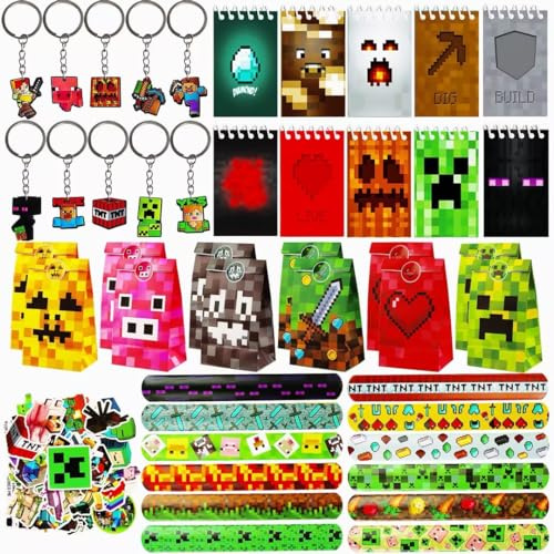 KEVRDRT Videospiel Party Mitgebsel Mit Geschenktüten, Notizbuch, Schlüsselanhänger, Armband, Aufkleber für Kindergeburtstag Deko