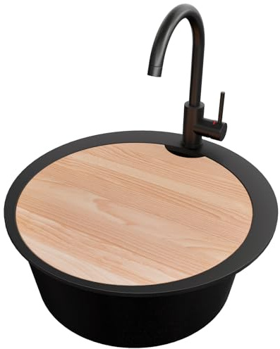 PRIMAGRAN Granitspüle Schwarz 53x53cm, Spülbecken Rund 1 Becken + Küchenarmatur 32x20cm + Zuberhor-Set, Küchenspüle ab 50er Unterschrank - Pisa Max S027
