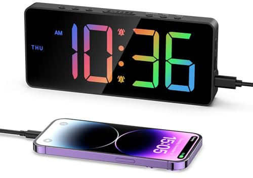 OQIMAX Colorful Digital Alarm Clock, Bedside Clock with 7”LED Display, 5 Levels Adjustable Brightness Alarm Clock with Date, 12/24H, USB/Battery Powered Desk Clock with 3-Levels Volume, 4 Alarm Modes