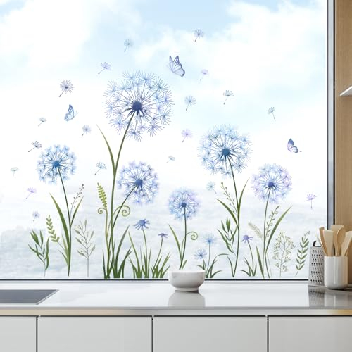 Tanlaby Fensterbilder Pusteblume Blau Fensteraufkleber Pflanzen Schmetterling Fenstersticker Blumen Frühling Sommer Fenster Aufkleber Wohnzimmer Schlafzimmer Bad Küche Glastüren Fenster Deko