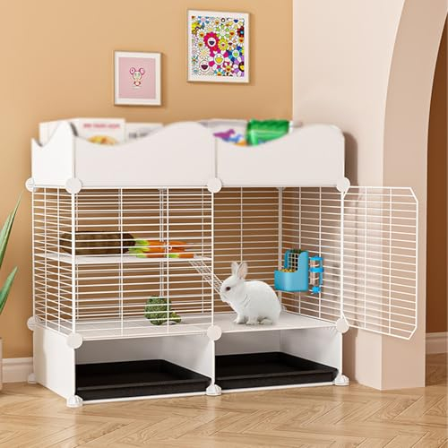HJYryhyfddply Kleiner 2-Stöckiger Kaninchenkäfig, Häschenkäfig mit Stauraum – Hasenkäfig mit 2 Ausziehbaren Tabletts für Kaninchen, Chinchilla, Igel