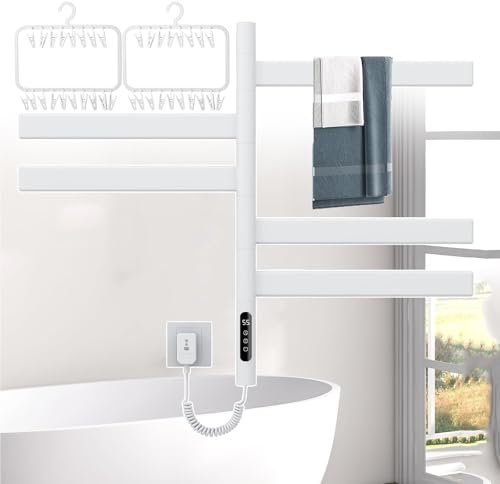 Toallero calefactor de 5 barras | Toallero eléctrico giratorio de 85 W | Toallero calefaccionado de pared - Carga 30 kg | Pantalla táctil LED | Calefacción en seco de fibra de carbono de 360°, color