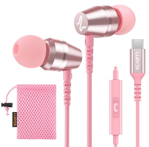 Ludos OMNITONE Auriculares USB C con Micrófono, Garantía de 5 años, Auriculares Tipo C con Cable para iPhone 16 15 Pro MAX Plus Samsung Galaxy S24 S23 S22 Ultra S21 FE S20 A53 A54, iPad Pro - Rosa