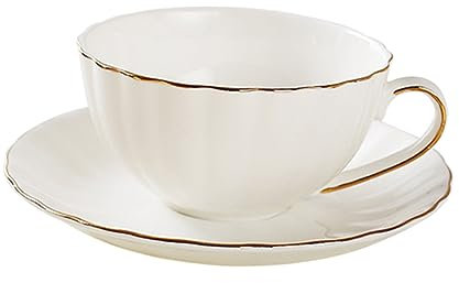 WATIIFUFU Ensemble Tasse En Porcelaine Osseuse 220 Ml Blanc Pur Bord Doré Service à Café Soucoupe Vintage Polyvalent Pour Espresso, Cappuccino, Thé Maison Bistrot