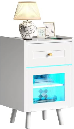 YITAHOME Nachttisch mit 7-Farbiger LED-Lichtleiste, Nachttischschrank mit Schublade und verstellbarem Regal, schwarzer Aufbewahrungs-Beistelltisch für Schlafzimmer, Wohnzimmer, 40x35x62cm, Weiß