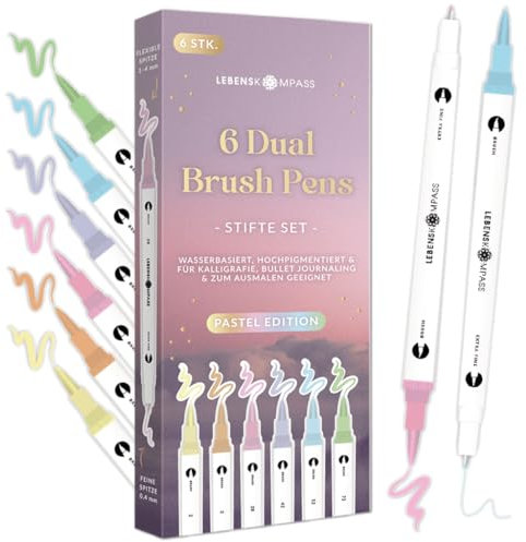 LEBENSKOMPASS® Brush Pen Set Pastel - 6 Pinselstifte in sanften Pastelltönen – Brushpens für Handlettering, Ausmalen & Bullet Journal - Dual Tip Stifte mit feiner & flexibler Spitze