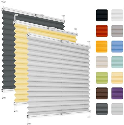 Fenster Plissee ohne Bohren zum Kleben auf Rahmen - Thermo Plisseerollo Innen - Rollo Jalousie, auf den Fensterrahmen, Faltrollo, Sichtschutz, Blickdicht, für Fenster & Tür - Hellgrau, 65 x 90 cm