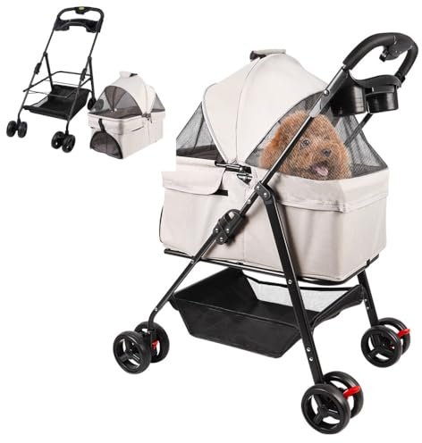 OHMG Poussette Chien,3-en-1 Poussette Pliable pour Chien Chat avec Panier de Rangement,4 Roues,Poussette Chiens Tout Terrain,Léger et Pratique Amovible