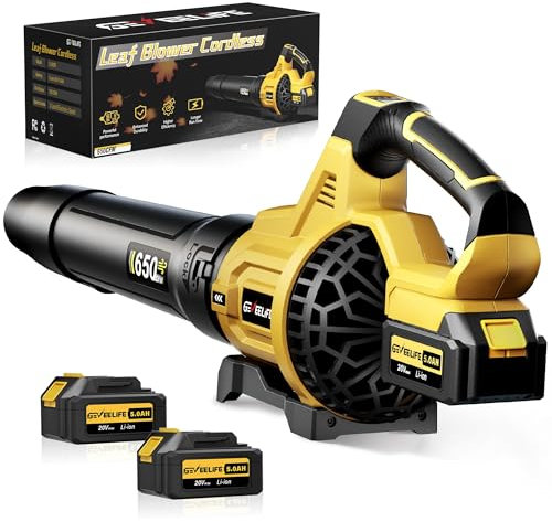 GEVEELIFE Soffiatore elettrico a batteria, 18 V, 257 km/h, con batterie a 3 marce e 2 batterie da 5,2 Ah, senza fili, per giardino, foglie, polvere e neve (batteria inclusa), giallo