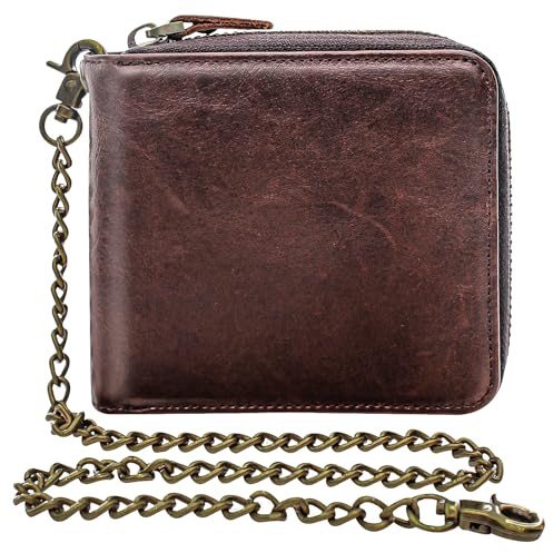 boshiho Geldbörse mit Kette Herren - Echtleder Portemonnaie mit Diebstahlsicherer Schnalle, RFID-Schutz, Münzfach & Mehreren Kartenfächern - Robustes Vintage Design für Alltag oder Geschenk