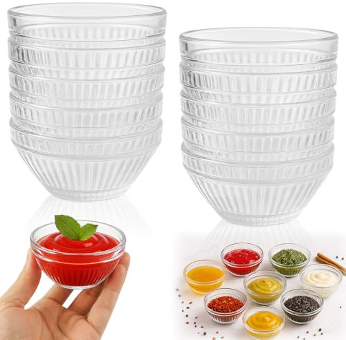 Prebarfun Mini Glass Bowls 10 Pcs, 75ml Small Glass Bowls for Dips, Clear Sauce Dishes for Snacks, Ingredient, Condiment, Spices, Starter, Dishwasher Safe
