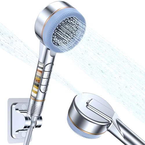 Push-Button Filtered Shower Head with Handheld，4 Modes High Pressure Shower Heads with Filter Mineral Beads,Reusable,Adjustable Handheld Showerhead Set,Includes 3 Filters, Shower Arm and Hose,Chrome