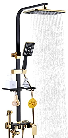 Svart badrumskran regn dusch set justerbar duschpelare i rostfritt stål justerbar höjd 75–120 cm väggbatteri med hylla svart guld