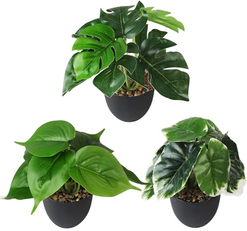 MIGUBIGU 3 Stück Künstliche Tropische Pflanzen 24 x 20 cm, Kunstpflanzen Wie Echt Im Topf, Plastikpflanzen, Monstera Pflanze Künstlich, Fake Plants für Wohnzimmer, Zimmer, Balkon, Draußen, Badezimmer