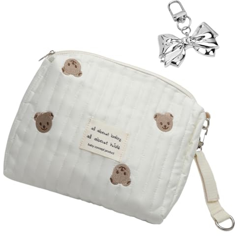 KQDRAVINE Tragbare Wickeltasche mit Fliege, Stickerei Bär Baby Wickeltaschen, Windeltasche für Unterwegs, Diaper Bag, Mama Tasche mit Kinderwagen Haken, für Mama Baby Reise, Weiß