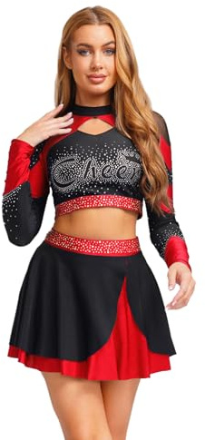 iiniim Damen Cheer Leader Kostüm Cheerleading Uniform Langarm Crop Tops mit Rock Cheer Tanzkleid Halloween Karneval Fasching Kostüm S Rot S