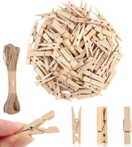 Mini Holzklammern Set, 100 Stück, 3,5 x 0,7 cm, mit 10m Juteschnur, Naturholz Deko-Klammern für Fotos und Postkarten
