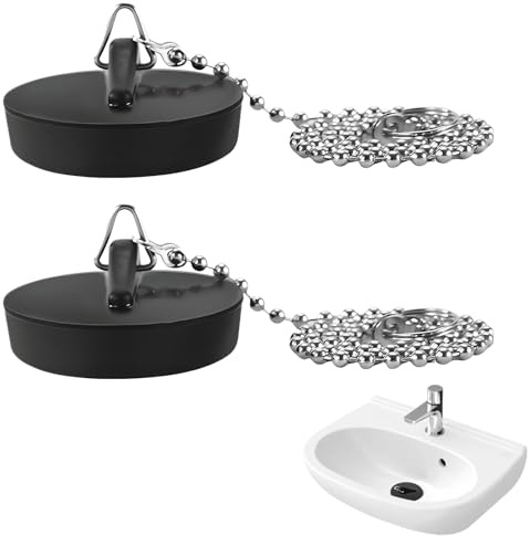 Abflussstopfen, 2 Pack Gummi Spüle Abfluss Stöpsel mit 40cm Stopperkette, Spültisch Stopfen mit Haken für Badewanne Küche Badezimmer Spülbeckenstopfen (Durchmesser 40mm, Schwarz)
