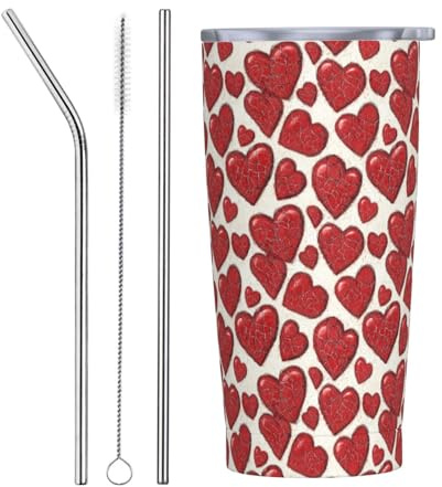 Vaso con estampado de corazón rojo con tapa y popote, vasos aislados de acero inoxidable de 20 onzas, taza de café personalizada, botella de agua