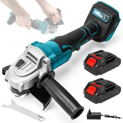 Amoladora angular inalámbrica de 125 mm, Amoladora inalámbrica con 2 baterías y cargador, 12000 RPM Motor sin escobillas para cortar y pulir azulejos de cerámica, madera, piedra y acero
