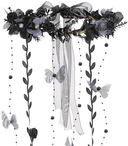 MOSTORY Gothic Elfen Blumenkranz Stirnband für Renaissance Hexe Cosplay, Schwarze Hexen Kopfschmuck mit Schmetterlingen und Quaste für Karneval Kostüm Damen