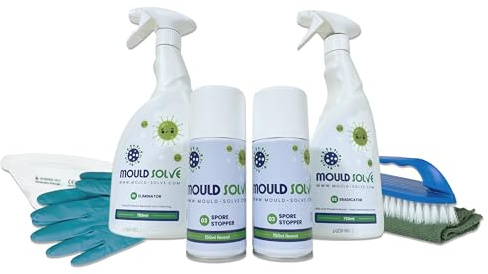 Mould Solve First Response Box - Complete Mould Treatment and Saftey Kit. Includes: 2 × 750ml Mould Cleaner & Eradicator Sprays, 2 × Air Sanitiser Aerosols, FFP3 Mask, Gloves, Brush & Cloth.