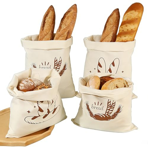 APKOL 4 Stück Brotbeutel Leinen, 38x31cm Wiederverwendbar Brötchenbeutel | Leinenbeutel naturbelassene Baumwolle mit Kordelzug, Brotsack Brottasche für Brotaufbewahrung Aufbewahrung Frischhalten