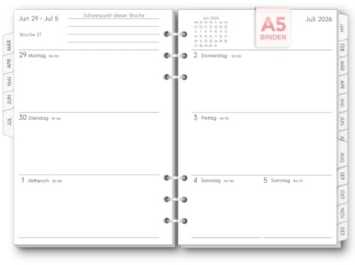 SKYDUE Refillable A5 ring Binder Calendar, ringbok A5 påfyllningsbar, kalenderinlägg 1 vecka 2 med flikar, juli 2026 till juni 2027, veckoplanerare inlägg