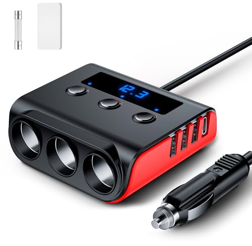 7 in 1 Cigarette Lighter Adapter, SONRU 180W [PD/ QC3.0/Dual USB-A] Car Charger Splitter,12V/24V Multi Sockets Fast Charging for Phone/GPS/Dash Cam,Independent Power Switches & LED Voltage Display