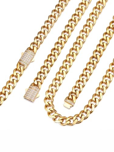 Bandmax Halskette Herren Edelstahl Panzerkette 6/9/12MM breit Kubanische Kette Silber/Gold/Schwarz Gliederkette Männer Hip Hop Kette mit Zirkon Verschluss Schmuck, Kettenlänge 46-76CM