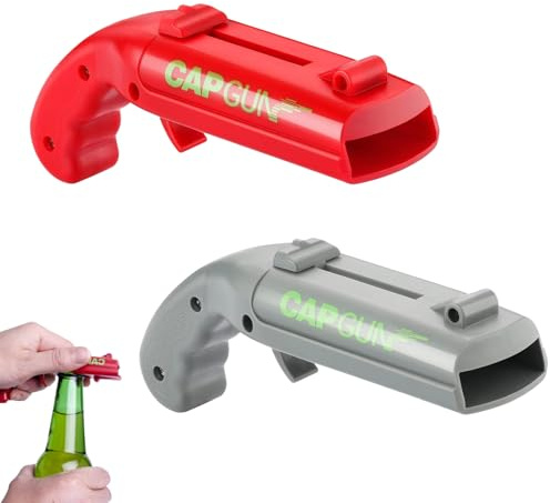2 piezas divertido tiro Capgun, pistola abridor de botellas Capgun, pistola de tapas de corona para hombres, pistola abridor de cerveza para uso en casa, bar o fiestas (gris, rojo)