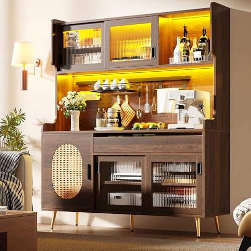 Armadio da cucina con LED e porta in vetro, stile rustico, credenza per cucina con piani di lavoro, porta scorrevole, grandi cassetti, ante in rattan, parete forata, armadio alto, 145 x 39 x 171 cm