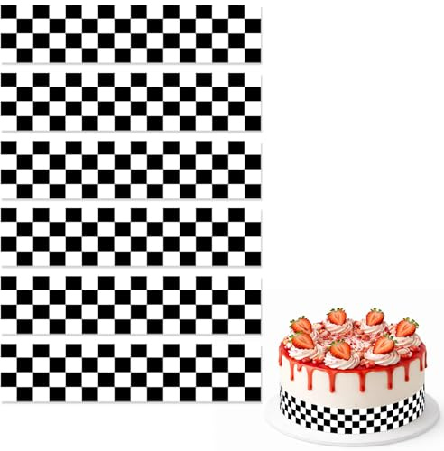 6pcs Edible Checkered Cake Border, 28x6.2cm/11x2.44in Black & White Wrap | Checkered Racing Theme Pre-Cut Edible Cake Border Strips for Birthday Racing Theme Party Decoration