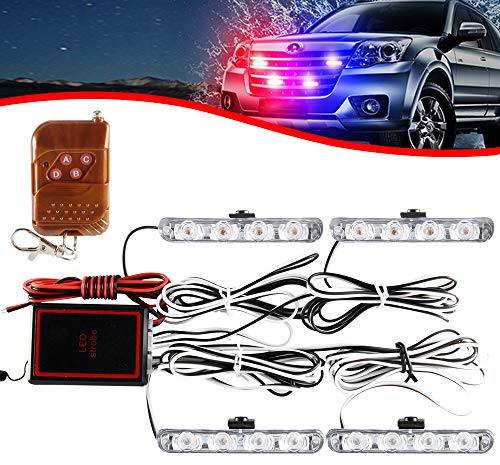 4x4 LED 4 en 1 Remoto Inalámbrico Luz de Advertencia Estroboscópica DC12V Intermitente de Emergencia Lámpara de Baliza Advertencia Estroboscópica Luz Externa de Emergencia（Rojo y Azul）