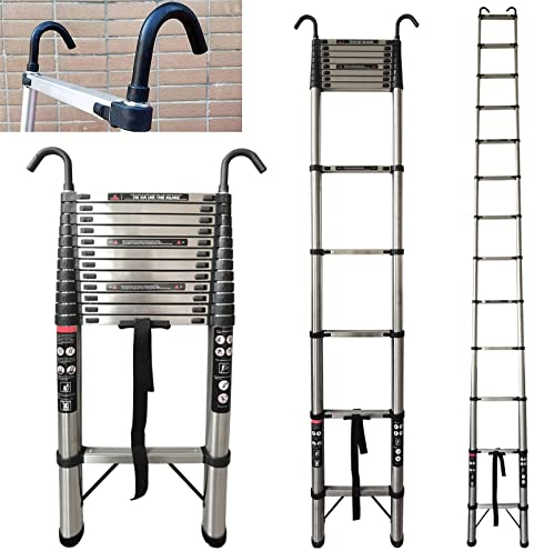 16.5FT 5M Roof Ladders Extendable Telescopic Step Ladder, Extension Ladder with Hooks and Non-Slip Feet, Portable Loft Ladders Stainless Steel Folding Ladder, 12 Steps Tall Ladder, 330lb Capacity