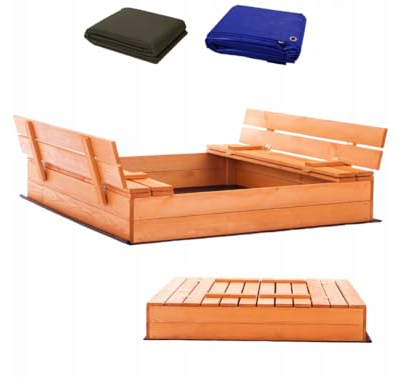 Sandkasten mit Sitzbank 120 x 120 cm, Abdeckung, imprägniertes Holz, Kindersandkasten, Spielplatz