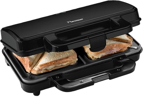 Bestron XL Sandwichera, Sandwichera tostadora con recubrimiento antiadherente para 2 sandwiches, incl. control automático de temperatura e indicador de listo, 900 vatios, color: Negro mate