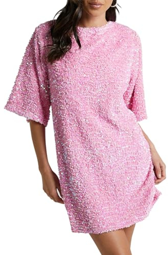 YILEEGOO Damen Pailletten Kleid Casual Lose Sparkly Long T-Shirt Kleid Rücken Tie Up Glitzer Minikleid Party Club Kurzes Kleid, rose, Small