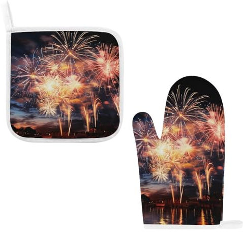 Schöne Feuerwerk-Ofenhandschuhe und Topflappen-Set, hitzebeständige Mikrowellen-Handschuhe, Baumwollfutter mit rutschfesten heißen Pads für Küche, Kochen, Backen, Grillen