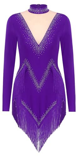Nyeemya Body da Pattinaggio Artistico Donna Leotard da Balletto con Nappa Paillettes Vestito per Sala da Ballo Tango Samba Rumba Abito da Prestazioni sul Palco Viola M