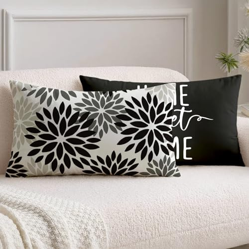 Vorysum Outdoor Kissen 30x50 cm 2er Set Schwarz Modern Kissenbezüge Dahlien Kissenbezug Blumen Dekorative Sofakissen Samt Optik für Garten Sofa Wohnzimmer Bett Doppelseitiges Muster
