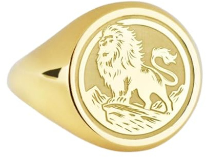 Siegelring aus 925er Sterlingsilber, 14 x 14 mm, vergoldeter, handgefertigter Schmuck, Symbol für Macht und Mut, König des Dschungels, Ring für Damen und Herren