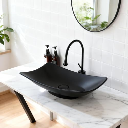 Focitland Lavandino da bagno in resina di pietra con rubinetto ad arco alto e combo di scarico pop-up, 56 cm, nero, rettangolare, lavabo sopra il bancone, lavabo moderno per bagno