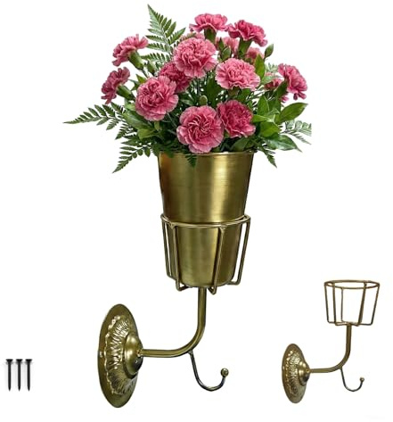 DHSUN Gold Wall Planter, Wall Vase – 9.84×6.30×4.92 Inches Metal Gold Wall Planter Wall Vase – Hanging Wall-Mounted Flower Pot for Indoor Outdoor Home Decor Living Room Balcony