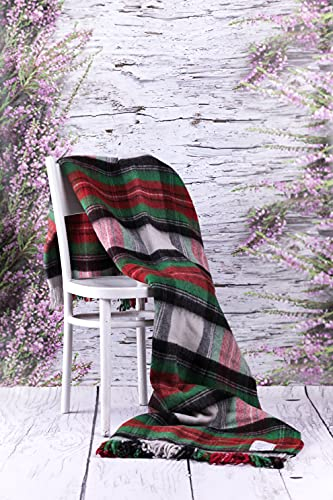 Coperta in lana merino, 160 x 200 cm, per letto matrimoniale, in tartan, colore rosso naturale