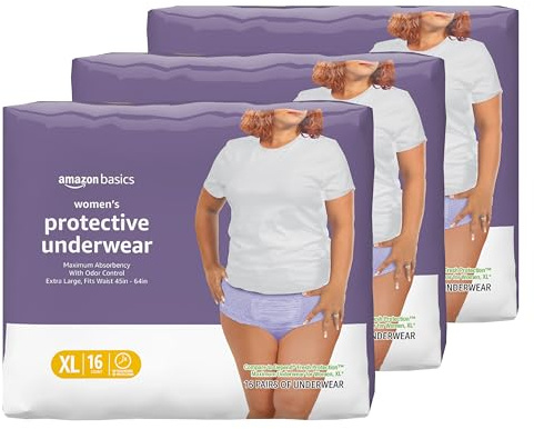 Amazon Basics Postpartum Incontinence Underwear for Women, Maximum Absorbency, Bladder Leak Protection, Soft, Disposable, Odor Control, Comfortable Fit, X-Large, Lavender, 48 Count (3 Packs of 16)